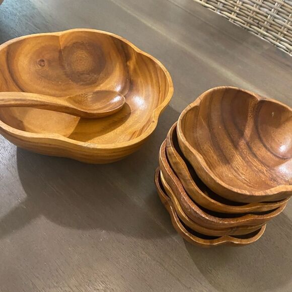 Vintage Monkey Pod Wood Salad Bowl Set Retro Mid century Modern - Picture 6 of 7